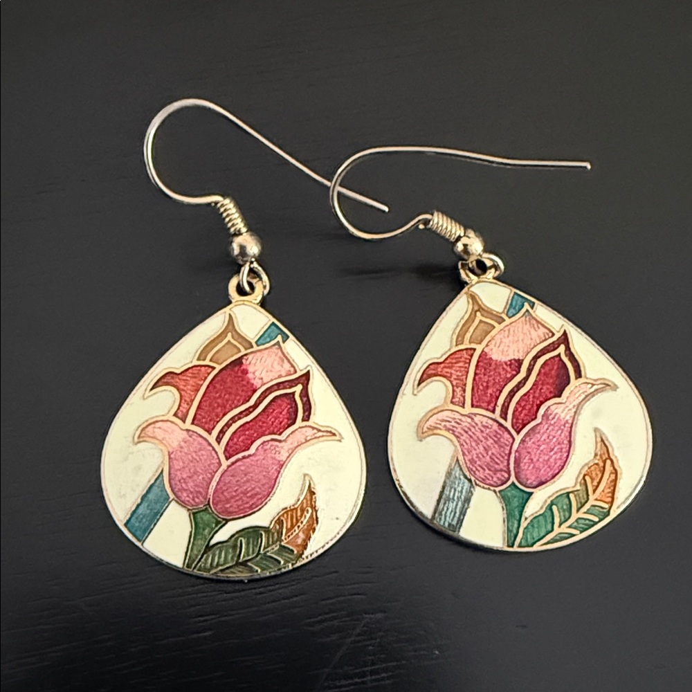 vintage teardrop cloisonné enamel earrings with a floral rose design